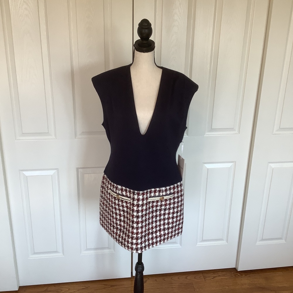 Ronny Kobo Guinevere Dress Size XL Navy Red Plaid Tweed V Neck Sleeveless NWT
